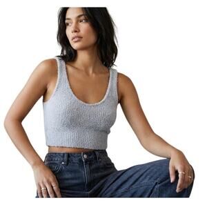 Pleshy Cozy Grey Plush Bouclé Knit Crop Tank Top Size S Cozycore Cloud Y2K EUC